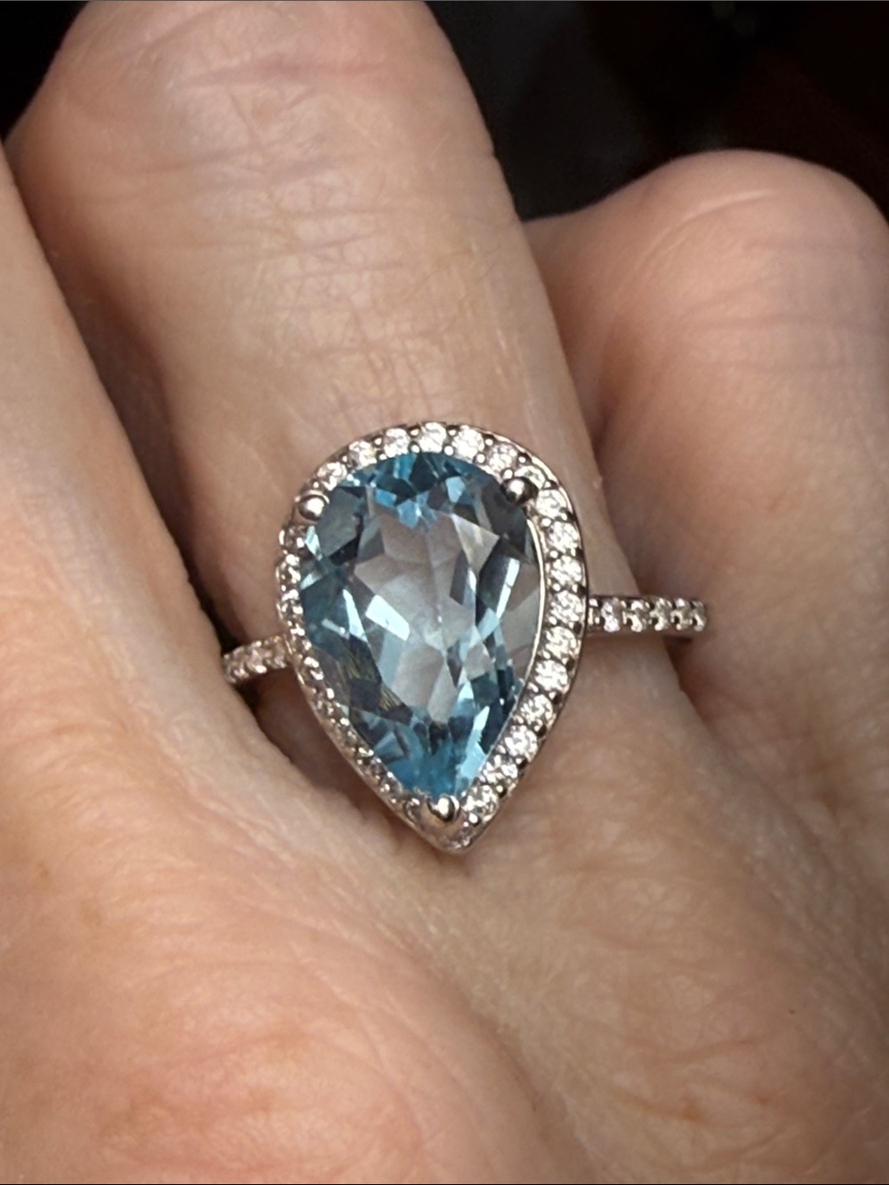 3 CT Pear-Shaped Blue AQUAMARINE Halo Ring MOISSANITE DIAMONDS 925 SS NEW